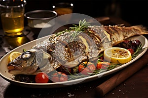 Indulge in a Whole Roasted Branzino, a Mediterranean sea bass expertly roasted to perfection, stuffed with an array of fresh herbs