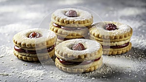 Exquisite Raspberry Filled Sandy Cookies A LowLight Culinary Masterpiece Captured in Stunning Detail on a Pristine photo