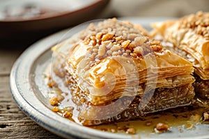 Indulgent Baklava arabian dessert closeup. Generate Ai photo