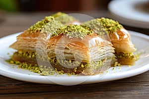 Indulgent Baklava arabian dessert pistachio. Generate Ai photo