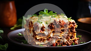 An indulgent beef lasagna elegantly served on a minimalist ceramic plate, positioned, AI generated