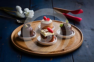 Indulgent bite sized desserts, featuring exquisite chocolate and cake trio