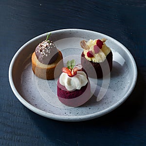 Indulgent bite sized desserts, featuring exquisite chocolate and cake trio