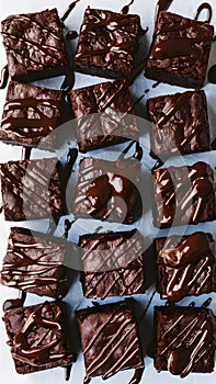 Indulgent brownies, topped with chocolate sauce, elegantly presented on white backdrop