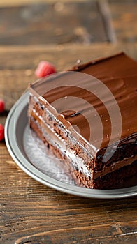 Indulgent chocolate cake topped with smooth, creamy ganache frosting