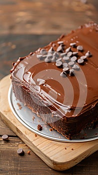 Indulgent chocolate cake topped with smooth, creamy ganache frosting