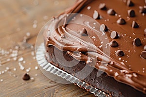 Indulgent chocolate cake topped with smooth, creamy ganache frosting