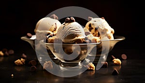 Indulgent chocolate ice cream ball on wooden plate generated by AI