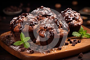 Indulgent Chocolate muffins dessert dark. Generate Ai photo
