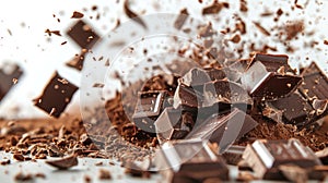 Indulgent Chocolate Variety with Flakes Falling, Isolated on Background - Clipping Path Removed