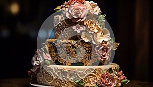 Indulgent chocolate wedding cake with ornate decoration generated by AI