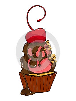Indulgent cupcake illustration topped with a juicy cherry