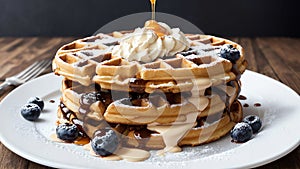 Indulgent Delight Chantilly Cream Waffles with Fresh Berries.AI Generated