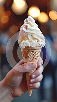 Indulgent delight Hand holds vanilla ice cream in a delicious dessert