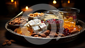 Indulgent dessert tray with gourmet sweets, fresh fruit, and almonds generated by AI