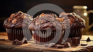 An indulgent double chocolate muffin, decadently rich and moist, generously with chocolate chunks