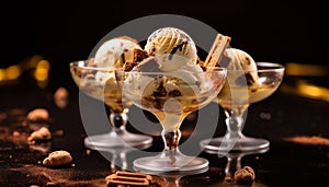 Indulgent gourmet dessert chocolate ice cream sundae with caramel generated by AI