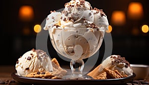 Indulgent gourmet dessert chocolate ice cream, whipped cream, caramel sauce generated by AI