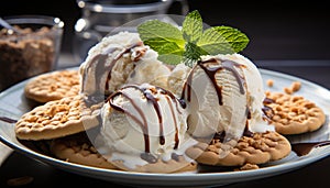 Indulgent gourmet dessert chocolate ice cream with whipped cream generated by AI