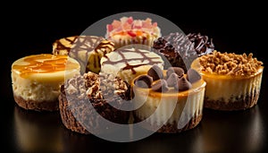 Indulgent gourmet dessert collection dark chocolate cheesecake with almond decoration generated by AI