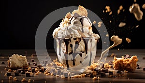 Indulgent gourmet dessert, dark chocolate ice cream sundae generated by AI