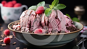 Indulgent gourmet dessert fresh fruit, creamy ice cream, chocolate generated by AI