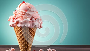 Indulgent gourmet dessert strawberry ice cream on a waffle cone generated by AI