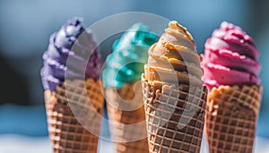 Indulgent gourmet ice cream cones offer sweet summer refreshment generated by AI