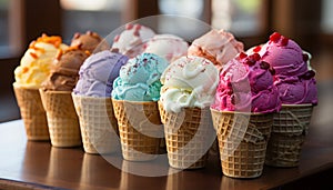 Indulgent gourmet ice cream cones, a summer refreshment of sweetness generated by AI