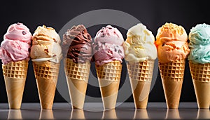 Indulgent gourmet ice cream cones in various flavors and colors generated by AI