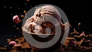 Indulgent gourmet ice cream dessert with chocolate sauce generated by AI