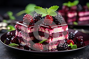 Indulgent homemade berry dessert with velvety chocolate and exquisite decorative embellishments