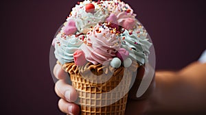 Indulgent Ice Cream: Hand Holding a Delicious Ice Cream - Generative AI