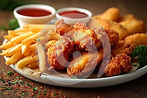 Indulgent meal fried chicken with fries and nuggets on table