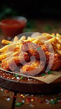 Indulgent meal fried chicken with fries and nuggets on table