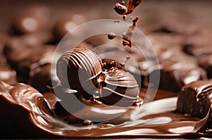 Indulgent Moment: Chocolate Bonbon Dropped into Liquid Chocolate.