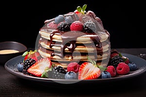 Indulgent Pancakes fruits chocolate honey. Generate Ai photo