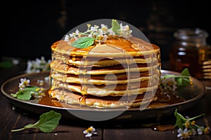 Indulgent Pancakes honey. Generate Ai photo