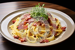 Indulgent Pasta carbonara plate. Generate Ai