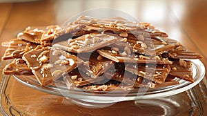 Indulgent peanut brittle on stylish platter with elegant background, creating a luxurious ambiance.