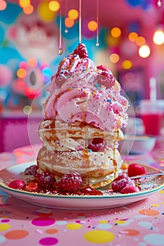 Indulgent Pink Berry Ice Cream Topping on Fluffy Pancakes with Sprinkles in Vibrant Cafe Setting