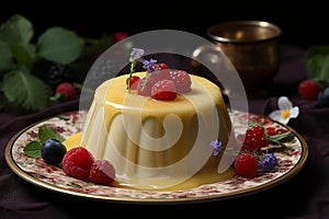 Indulgent Pudding custard dessert plate. Generate ai