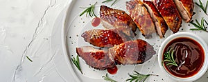 Indulgent roasted duck with crispy skin on minimalist white platter background. Concept Food Photography, Roasted Duck, Crispy