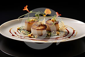 Indulgent Scallop dish served. Generate Ai