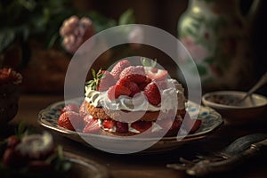 Indulgent strawberry cake with dollop of creamy whipped cream on vintage floral plate, food photography, food art, generative AI