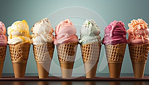 Indulgent summer treat gourmet ice cream cones in vibrant colors generated by AI