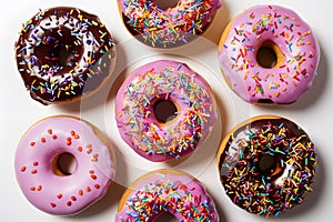Indulgent sweet treats, donuts, beautifully showcased on white background photo