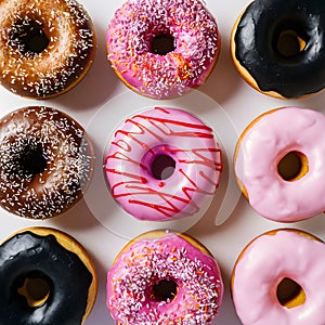 Indulgent sweet treats, donuts, beautifully showcased on white background photo