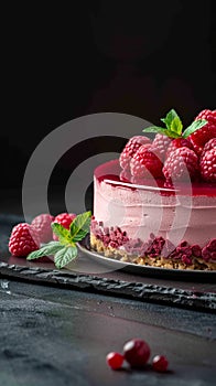 Indulgent sweetness Raspberry Cheesecake against a dark backdrop, text ready