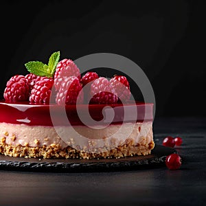 Indulgent sweetness Raspberry Cheesecake against a dark backdrop, text ready